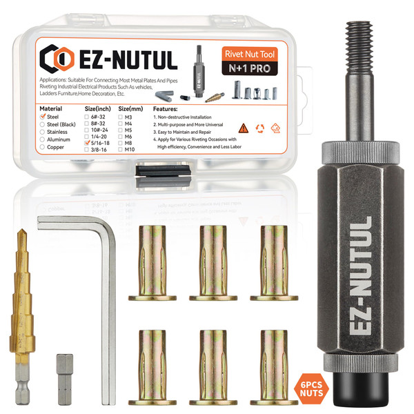Multi-Grip Rivet Nut Installation Tool Set Pre-Bulbed Shank Flat Head Threaded Insert Nut Plus Nuts Assortment Kit Cross Rivnut for Construction Industrial 5/16-18(Plus Nut Tool-6pcs)