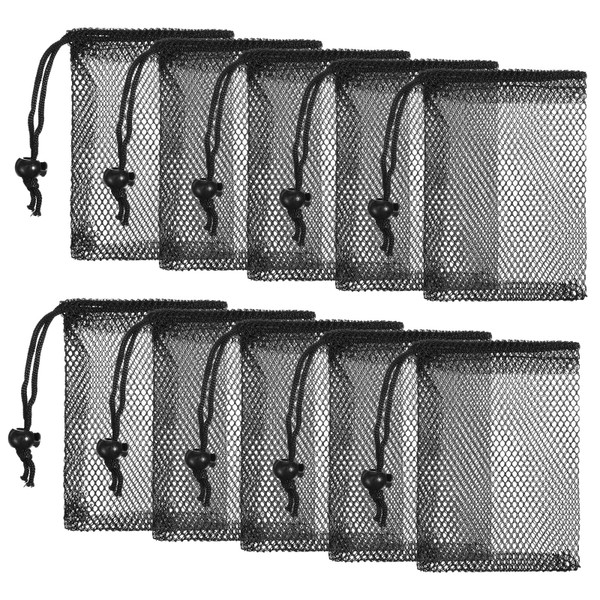 TIESOME 10 Pcs Mesh Drawstring Bags, 6" x 4" (15×10cm) Small Mesh Bag With Cord Lock Closure, Durable Breathable Net Bags For Laundry, Travel, Beach Toys, Seashell Collecting (Black)