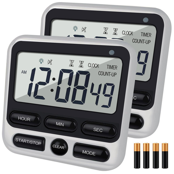 2-Pack Digital Dual Kitchen Timers with Magnet, 24-Hour Countdown & Stopwatch, Loud Alarm, 12/24H Clock, Calendar, Mute Mode, Visual Indicator, Batteries Included (Black)