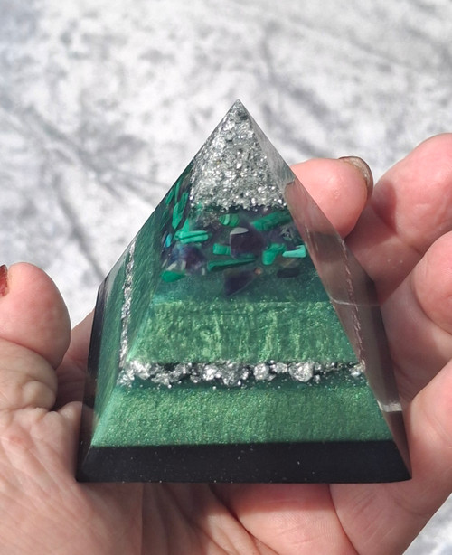 Small silver/ green/ Malachite and Amethyst Pyramid