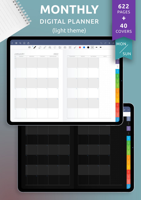 PLANNER - Digital Monthly Planner (light horizontal) 2022