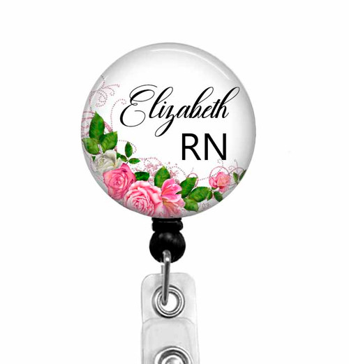 Pink roses for RN on black badge reel.
