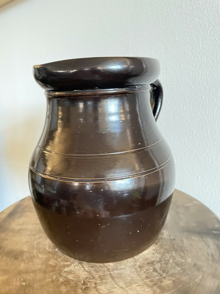 19th C Glazed Milk Batter Pitcher Brown Medium 2 Stoneware
