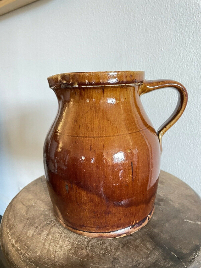 19th C Glazed Milk Batter Pitcher Brown Medium 3 Stoneware