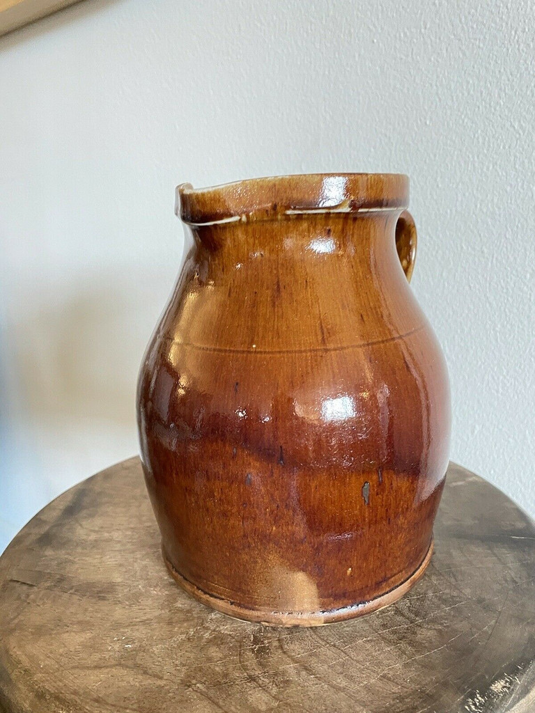 19th C Glazed Milk Batter Pitcher Brown Medium 3 Stoneware