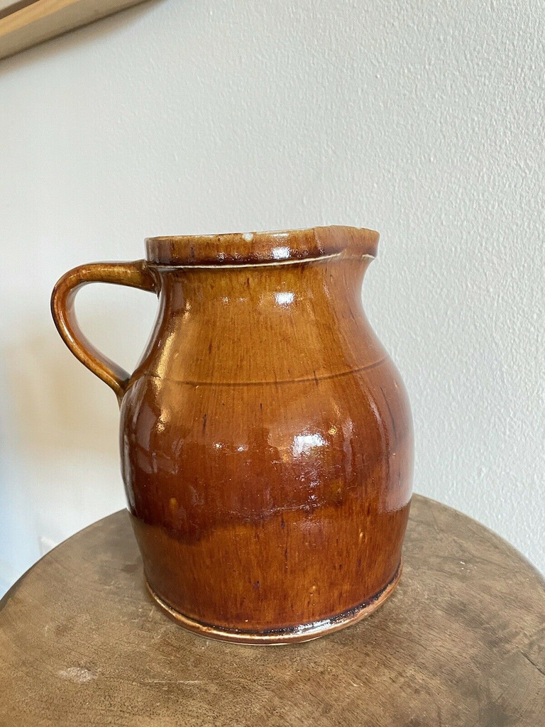 19th C Glazed Milk Batter Pitcher Brown Medium 3 Stoneware