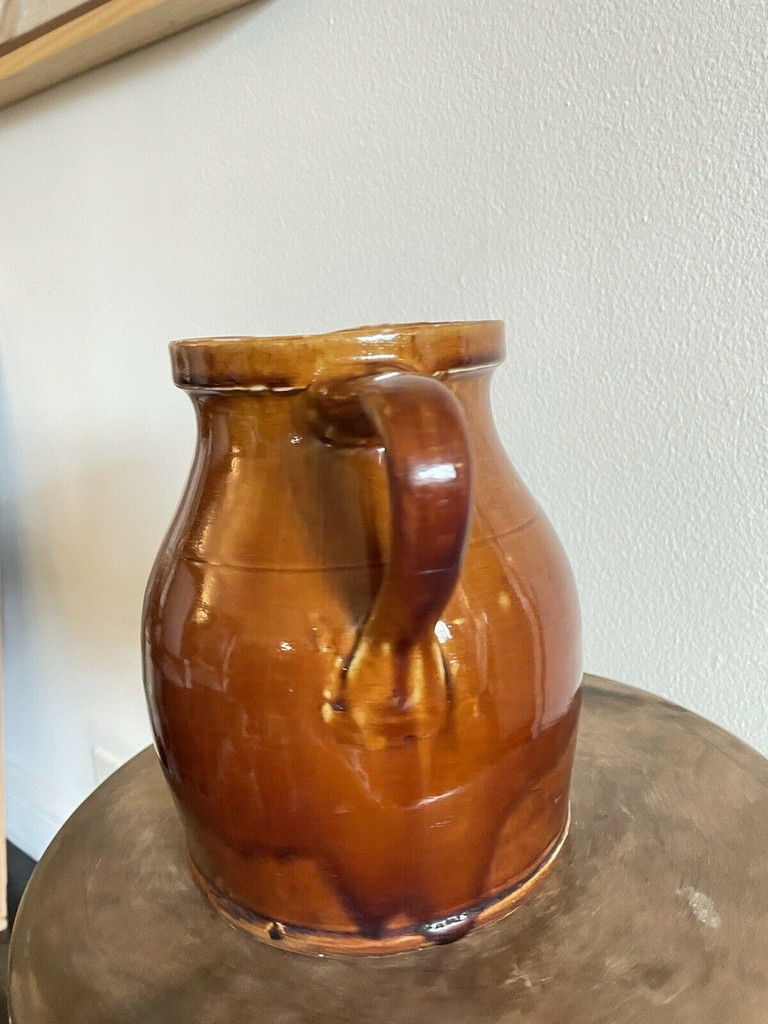 19th C Glazed Milk Batter Pitcher Brown Medium 3 Stoneware