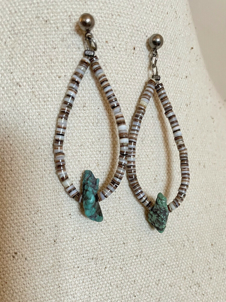 Vintage 17" Chunky Heishi Bead Turquoise & Stone Necklace & Earrings Set