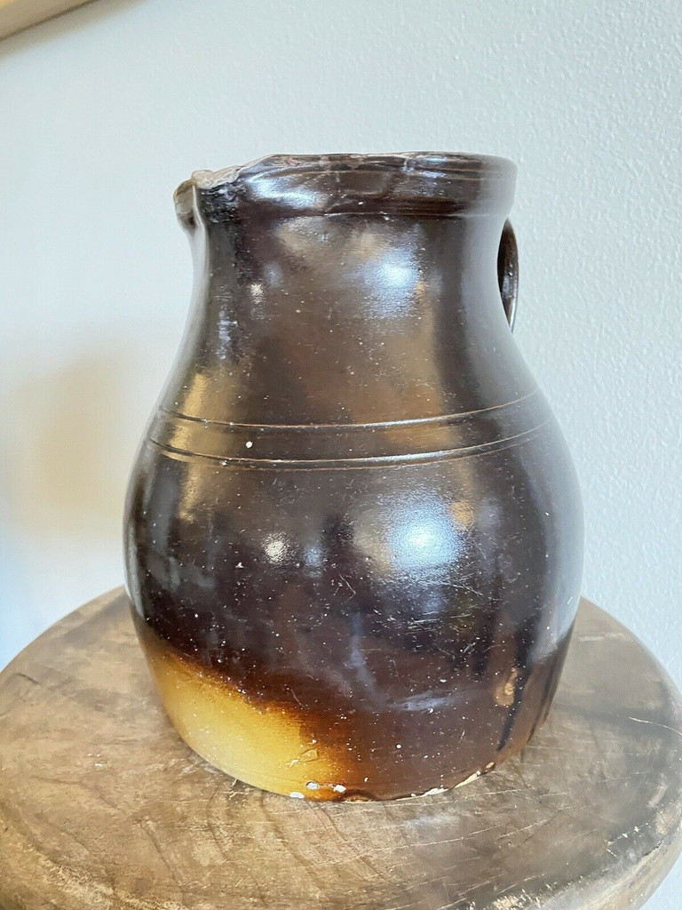 19th C Glazed Milk Batter Pitcher Brown Large 2 Stoneware