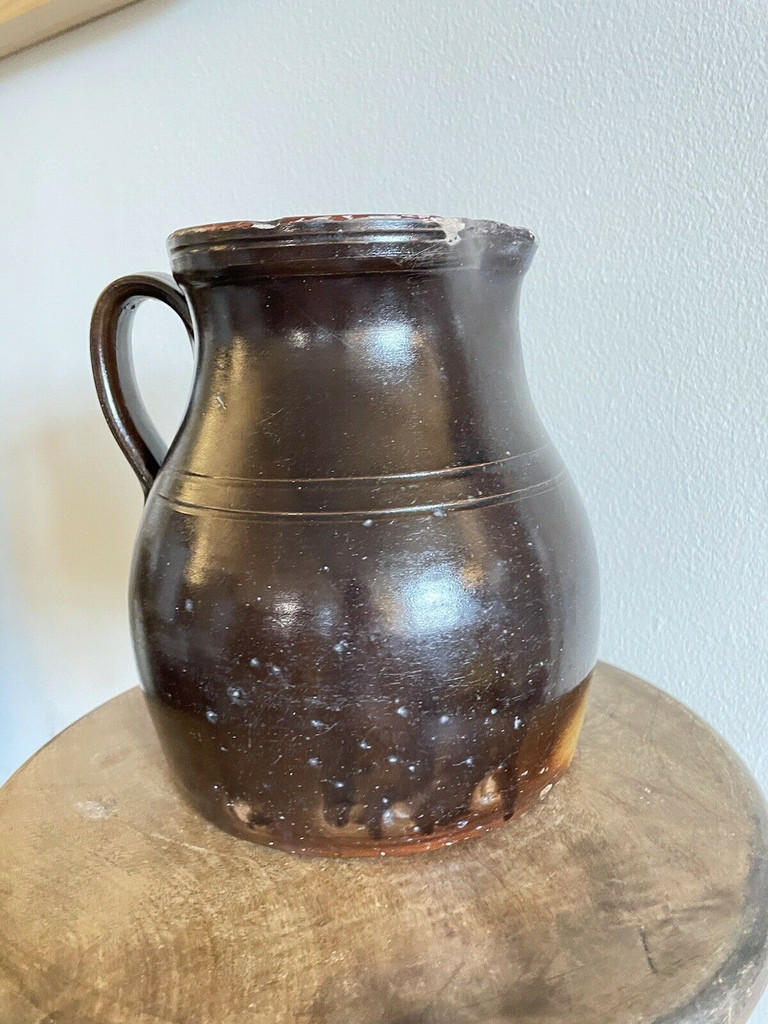 19th C Glazed Milk Batter Pitcher Brown Large 2 Stoneware