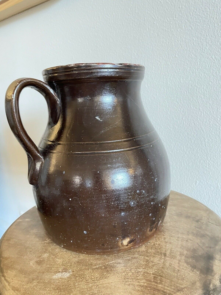 19th C Glazed Milk Batter Pitcher Brown Large 2 Stoneware