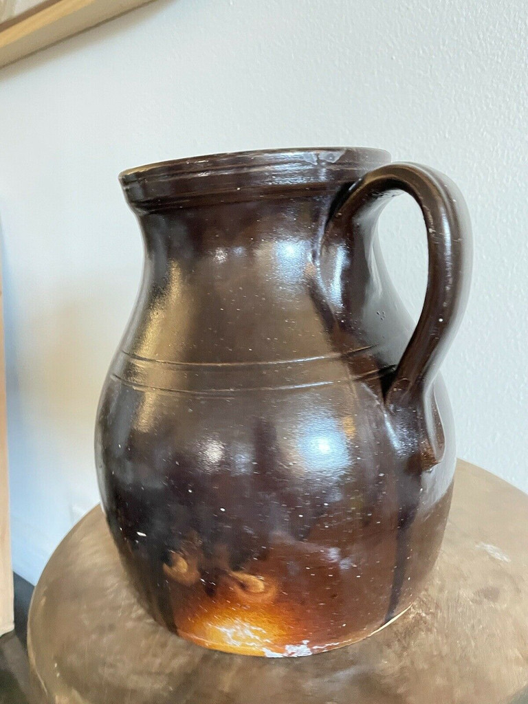 19th C Glazed Milk Batter Pitcher Brown Large 2 Stoneware
