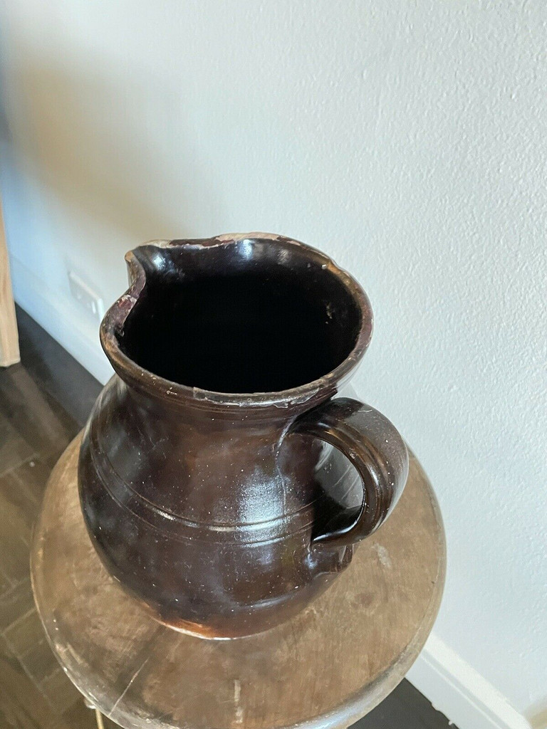 19th C Glazed Milk Batter Pitcher Brown Large 2 Stoneware