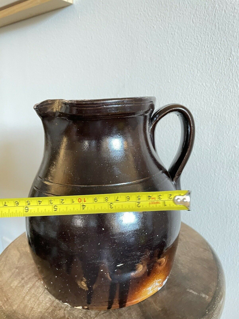 19th C Glazed Milk Batter Pitcher Brown Large 2 Stoneware