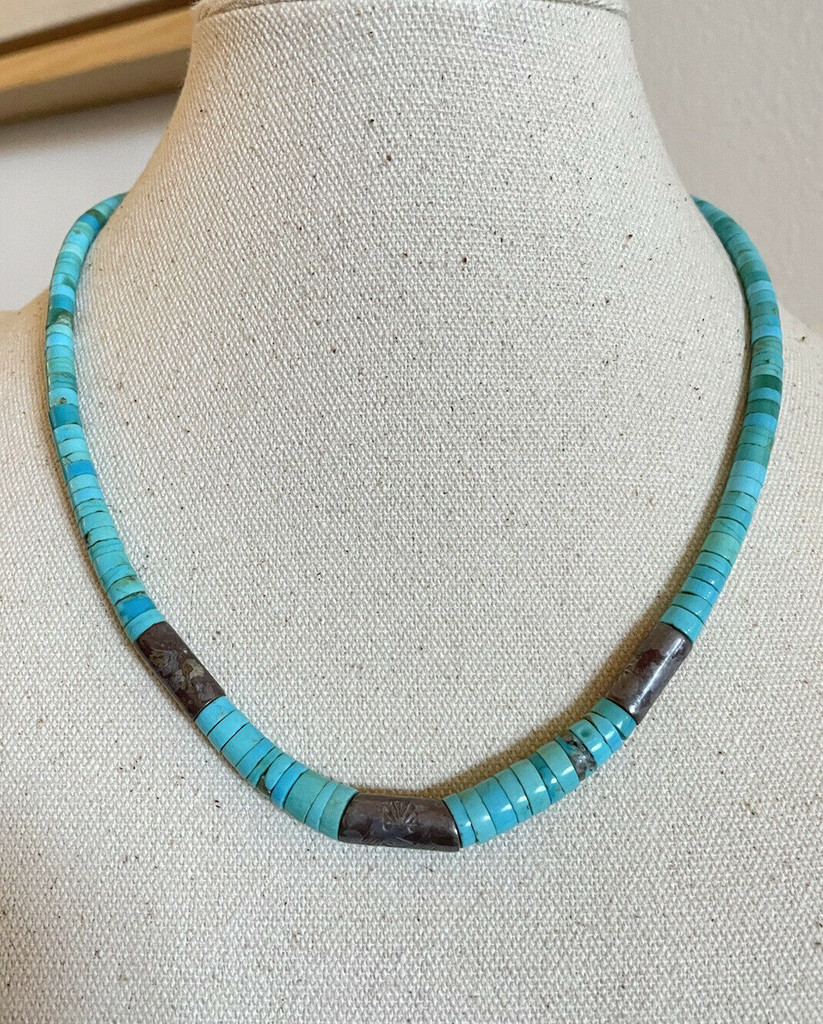 Vintage 18" Navajo Graduated Smooth Silver Rondelle Turquoise Disc Necklace
