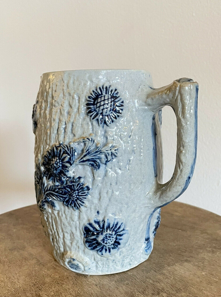 MINT Whites Of Utica Wild Rose Jug Pitcher Salt Glaze Ca 1890 Cobalt Blue 7”H 18