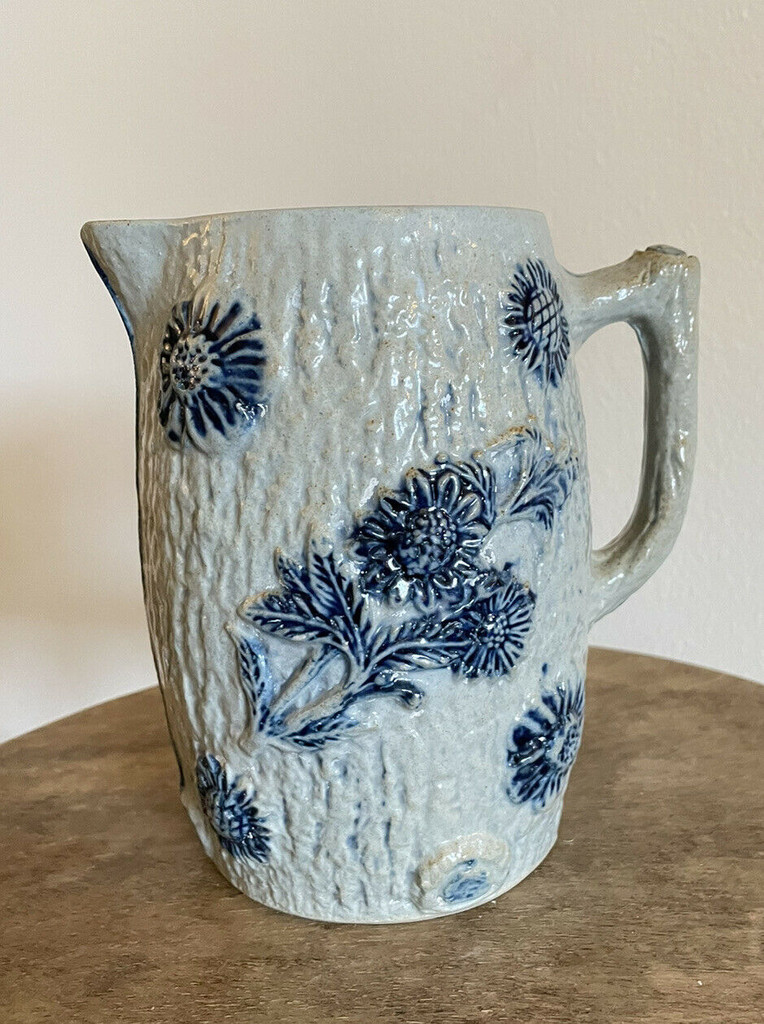 MINT Whites Of Utica Wild Rose Jug Pitcher Salt Glaze Ca 1890 Cobalt Blue 7”H 18