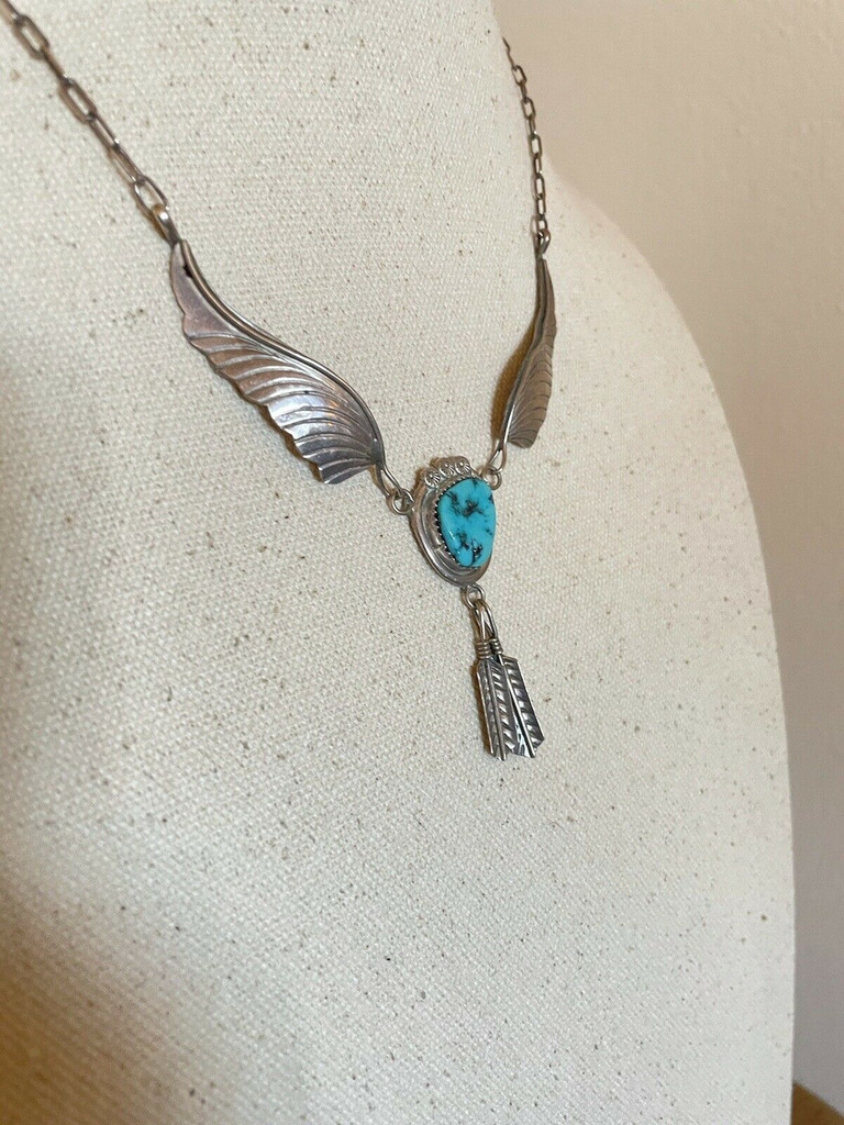 Vintage Turquoise Sterling Silver Bib Necklace w Eagle Feathers