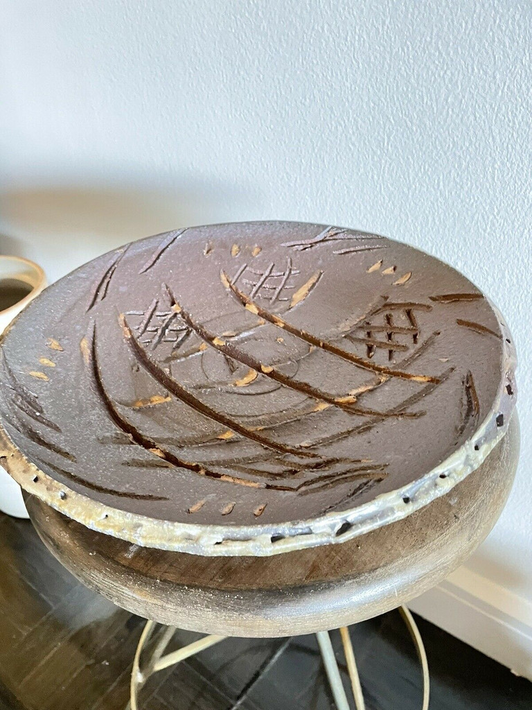 Nell Staub Pottery Missoula Montana Signed Mountain Southwest Cabin Large Plate