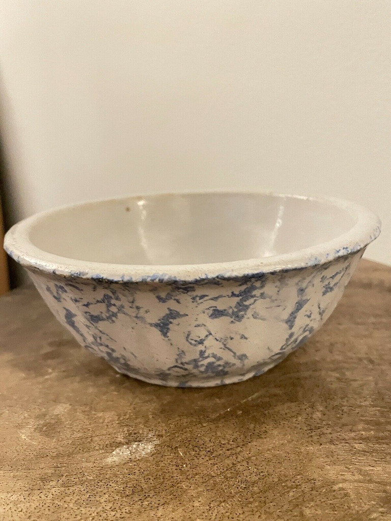 ANTIQUE BLUE & WHITE SPONGEWARE STONEWARE 7 1/4" BOWL Early 1900's Pottery