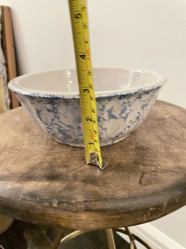 ANTIQUE BLUE & WHITE SPONGEWARE STONEWARE 7 1/4" BOWL Early 1900's Pottery