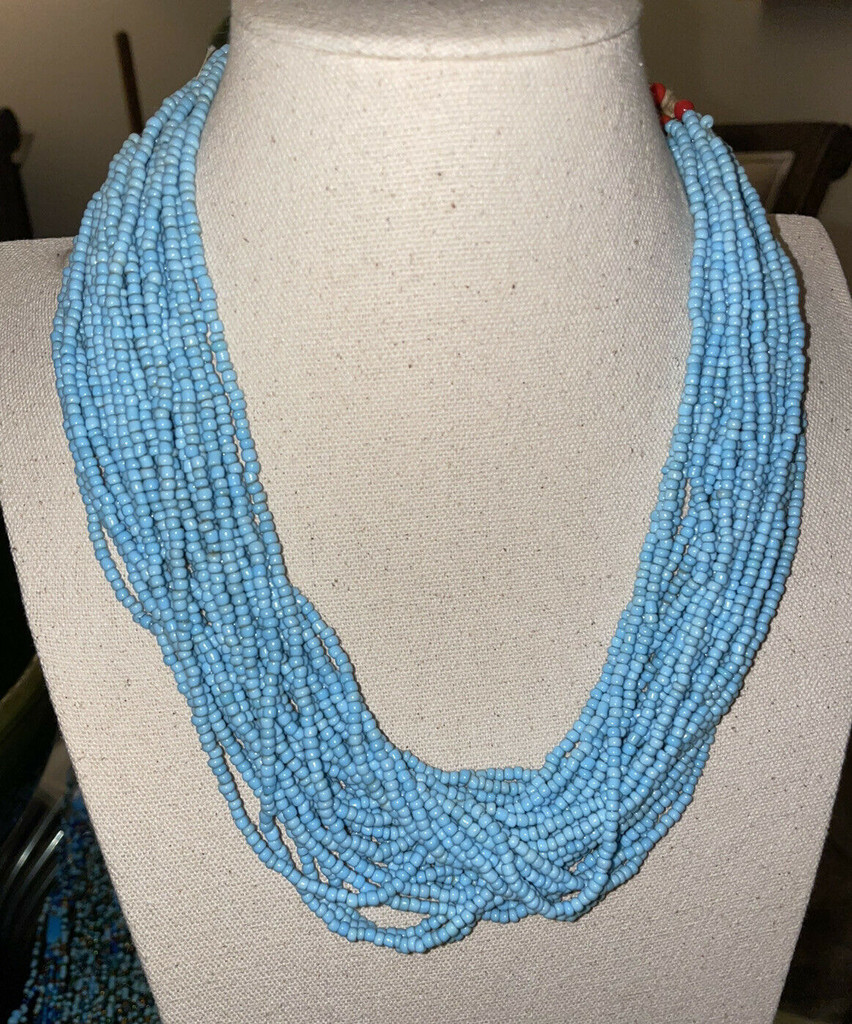 Vintage 21” 30 Strand Hand Beaded Jewelry Turquoise Coral Statement Necklace