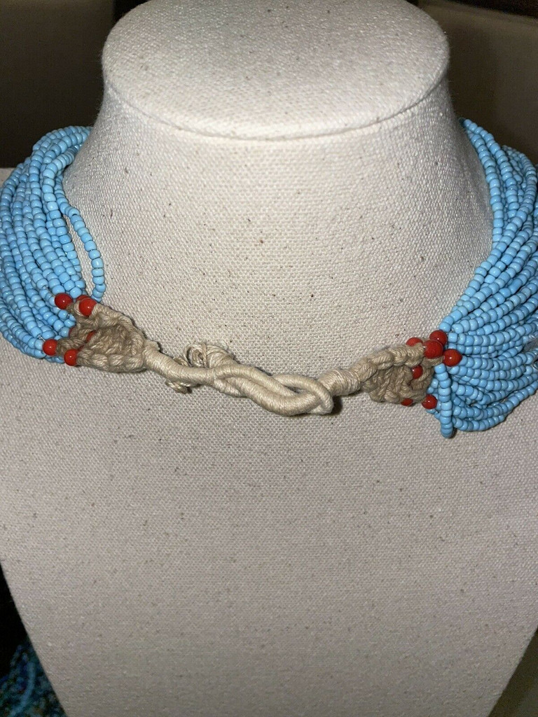 Vintage 21” 30 Strand Hand Beaded Jewelry Turquoise Coral Statement Necklace