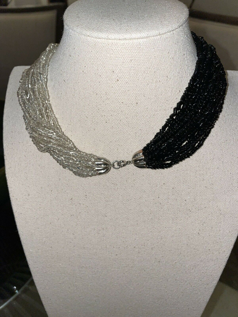 Vintage 18” 16 Strand Hand Beaded Jewelry Black & White Clear Statement Necklace