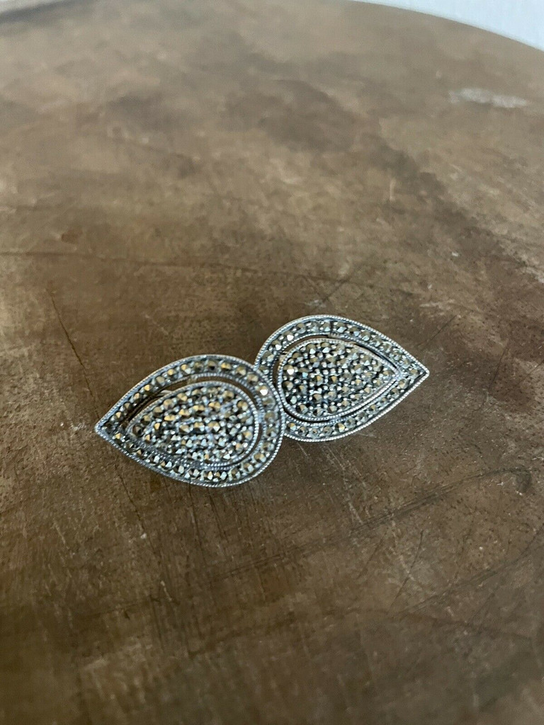 Vintage Sterling Spinel Marcasite Paisley Studded Clip On Earrings