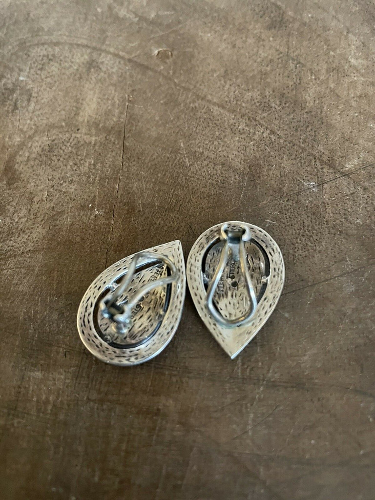 Vintage Sterling Spinel Marcasite Paisley Studded Clip On Earrings