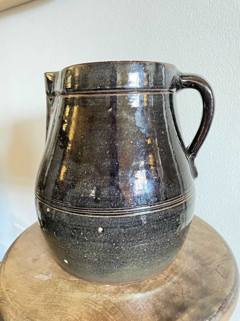 19th C Glazed Milk Batter Pitcher Brown Extra Large Stoneware