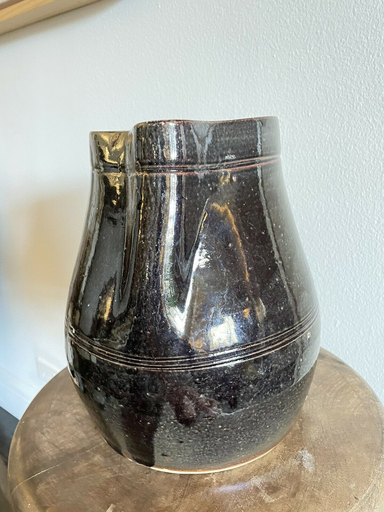 19th C Glazed Milk Batter Pitcher Brown Extra Large Stoneware