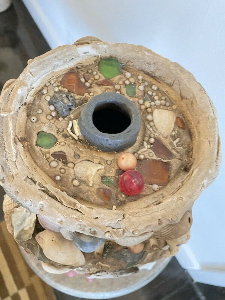 Memory Jar Jug Crock Handmade Keepsake with Shells, Pearls, Figurines, Glass