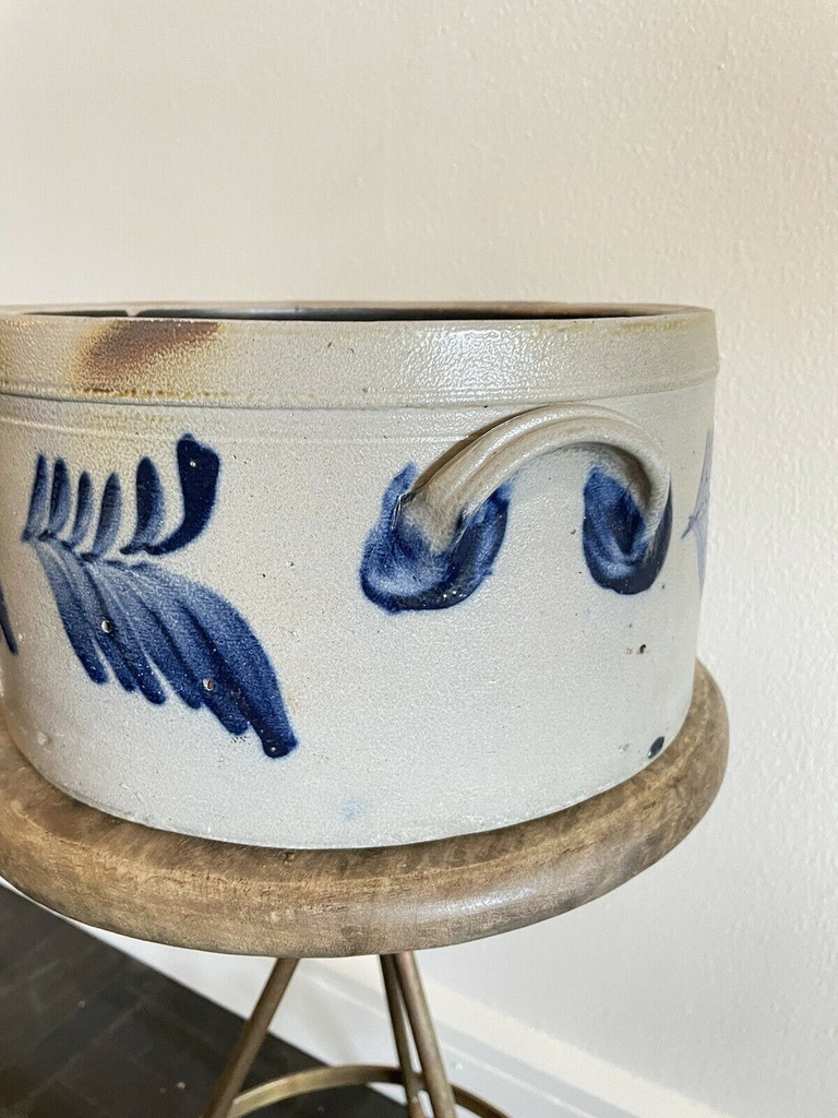 Large 11” Decorated Mid-Atlantic Stoneware Cake Crock Cobalt Decoration 19th C
