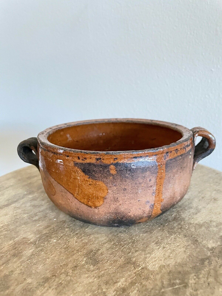 Early Redware Primitive Low Bowl Manganese Glaze Jug 19th Century