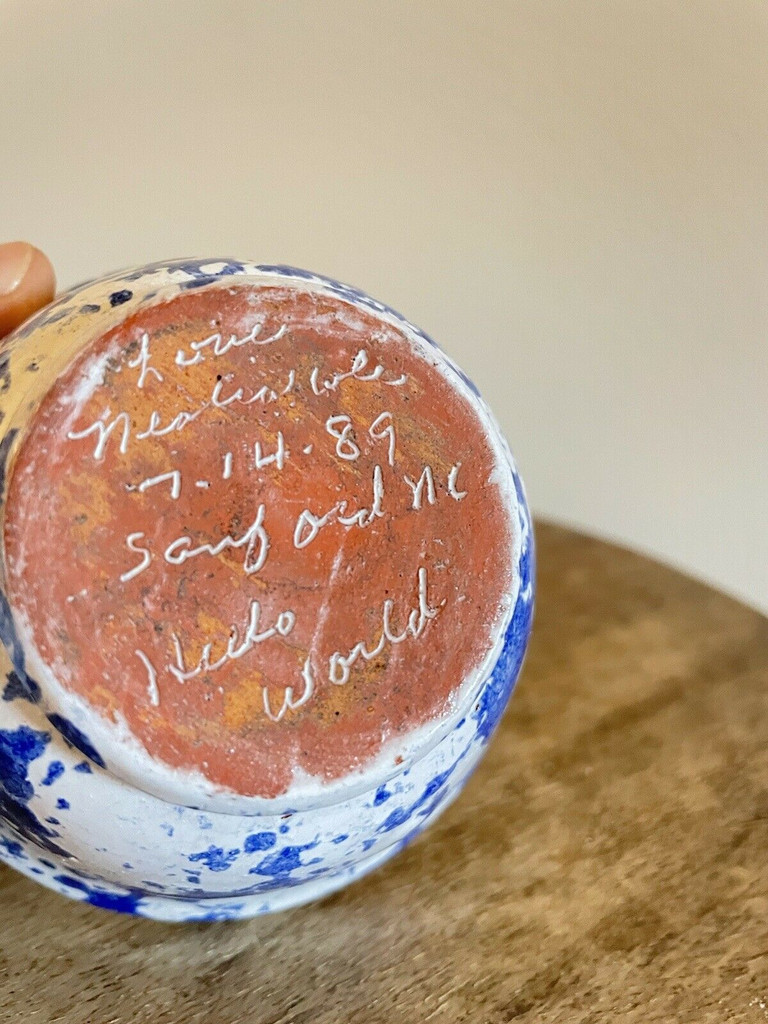 Neolia Cole Blue & White Art Pottery Signed Stoneware 1989 Hello World