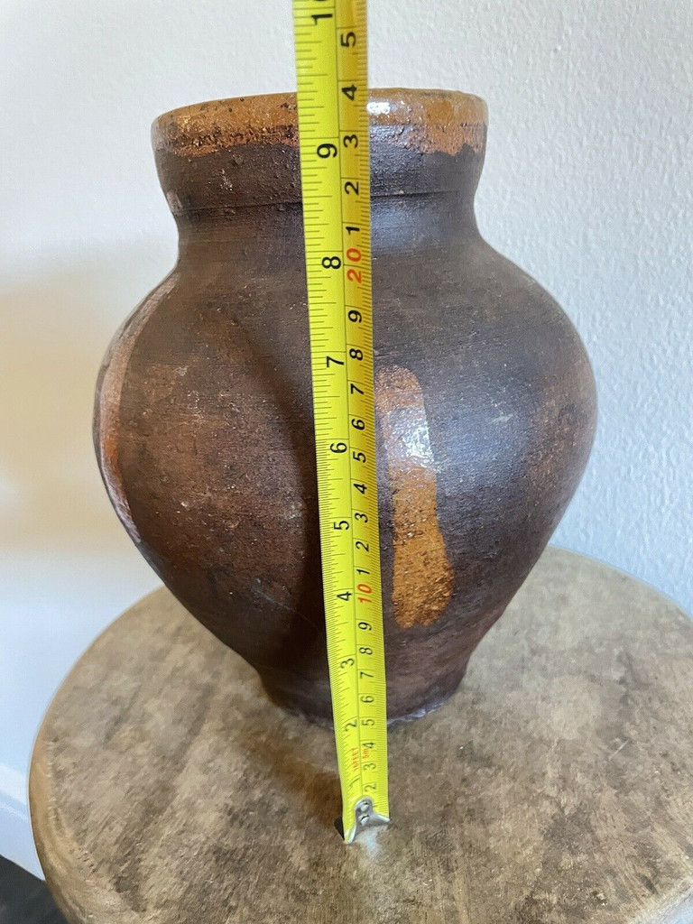 Antique 19th Century Redware Ovoid Jug w/ Glazed Drip Design 10" Tall