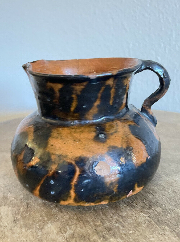 RARE Antique 19th Century Redware Pottery Small Pitcher w/ Manganese Glaze