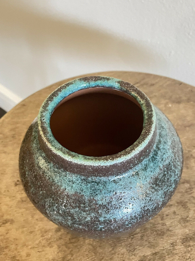 North State Pottery Chinese Blue Turquoise Red Vase Bowl - Mint Condition