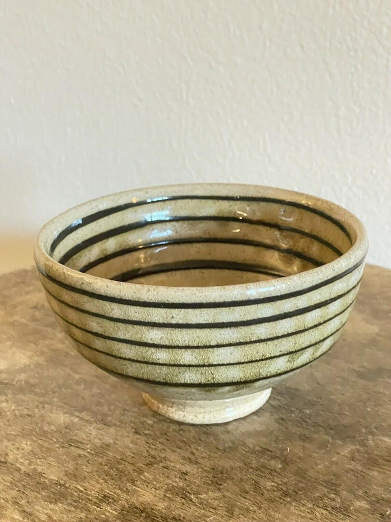  Decorated Ringed Bowl Brown & Green Stoneware Signed H North Carolina Pottery 