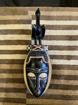 Ivory Coast Wooden Tribal African Mask with Bird in Crown Multicolored