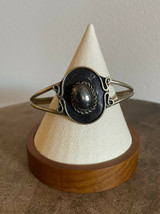 Silver Bracelet with Black Stone Onyx Obsidian Cuff Bangle