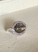Sterling Silver Bronze Abalone & Amethyst East-West Halo Ring Size 6