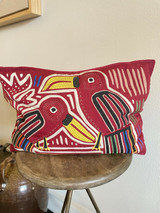 Red Vintage African Pillow Tropical Motif Parrots Birds Handmade With Insert