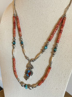 Vintage Kokopelli Multi Strand Coral Turquoise Necklace with Rose Rondelles