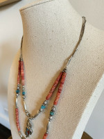 Vintage Kokopelli Multi Strand Coral Turquoise Necklace with Rose Rondelles