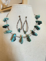 Vintage 17" Chunky Heishi Bead Turquoise & Stone Necklace & Earrings Set