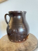 19th C Glazed Milk Batter Pitcher Brown Large 2 Stoneware