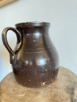 19th C Glazed Milk Batter Pitcher Brown Large 2 Stoneware