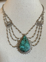 Vintage 16" Turquoise Teardrop Silver Necklace Intricate